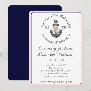 Invitación Anclaje floral Boda náutico Marina rosa azul