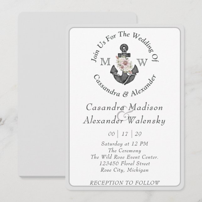 Invitación Anclaje floral Boda náutico raya gris plateado (Anverso / Reverso)