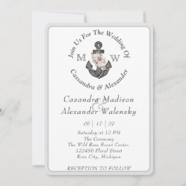 Invitación Anclaje floral Boda náutico raya gris plateado