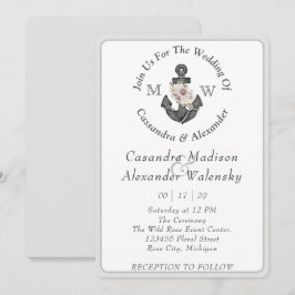 Invitación Anclaje floral Boda náutico raya gris plateado