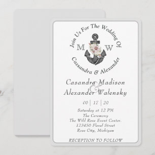 Invitación Anclaje floral Boda náutico raya gris plateado