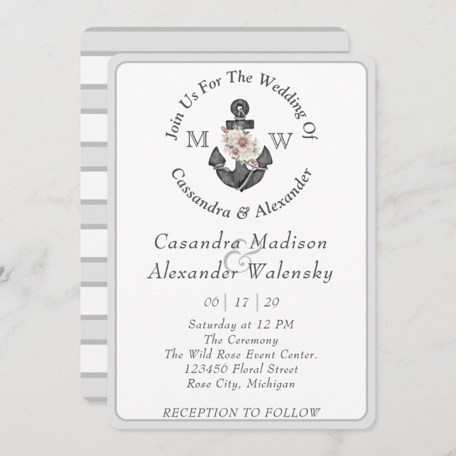 Invitación Anclaje floral Boda náutico raya gris plateado (Anverso / Reverso)
