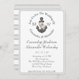 Invitación Anclaje floral Boda náutico raya gris plateado