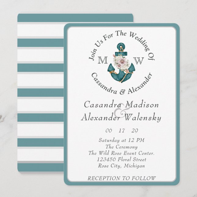 Invitación Anclaje floral Boda náutico Verde azulado Aqua Blu (Anverso / Reverso)