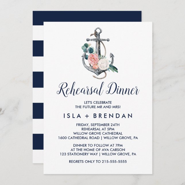 Invitación Anclaje floral | Cena de ensayo de verano (Anverso / Reverso)