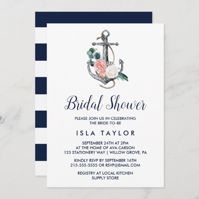Invitación Anclaje floral | Ducha de novias de verano (Anverso / Reverso)