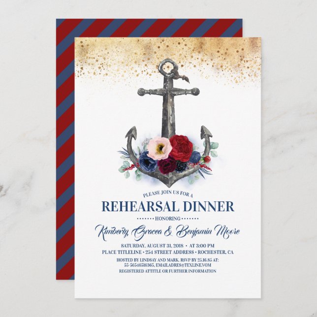 Invitación Anclaje floral Ensayo naumático Cena (Anverso / Reverso)