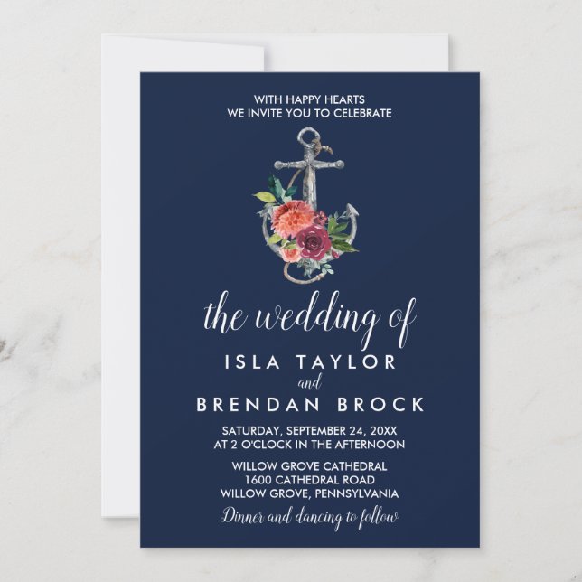 Invitación Anclaje floral | Otoño De La Armada El Boda De (Anverso)