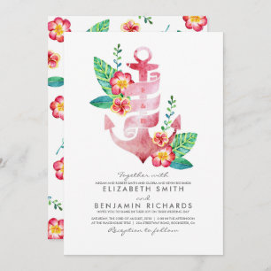 Invitación Anclaje floral rosado  Náutico  Boda en la playa