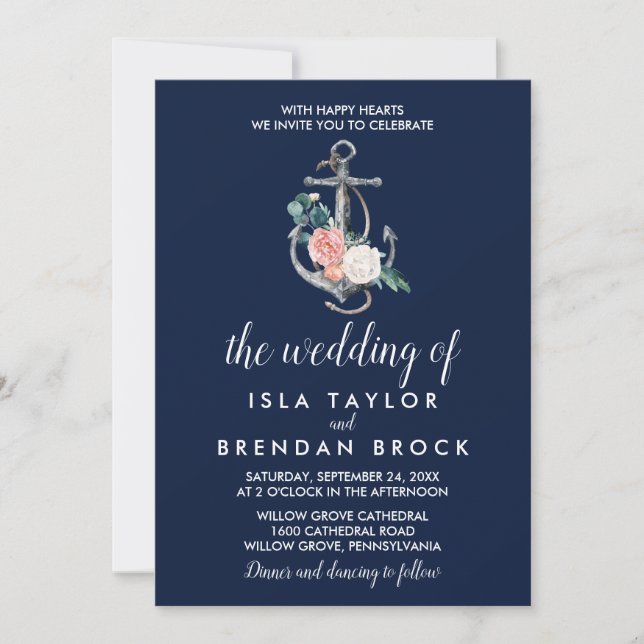 Invitación Anclaje floral | Verano naval El Boda de (Anverso)
