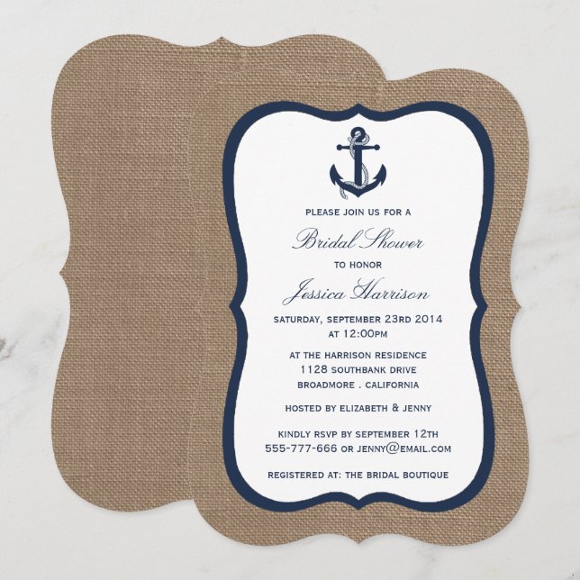 Invitación Anclaje Náutico Azul De La Marina En La Ducha Brid (Anverso / Reverso)