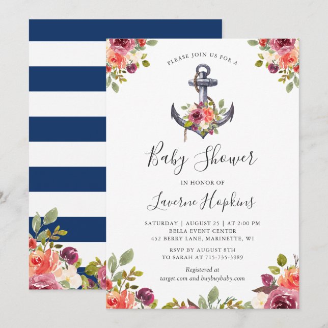 Invitación Anclaje Náutico Banda de la Marina Floral Baby Sho (Anverso / Reverso)