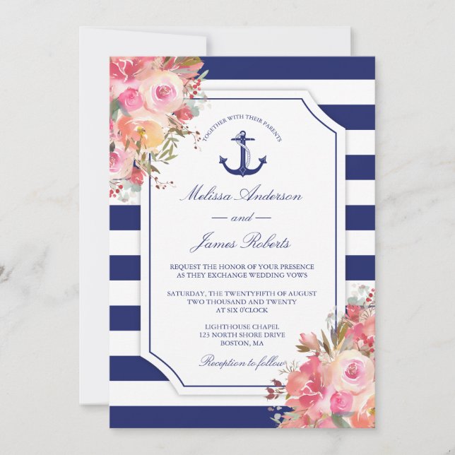 Invitación Anclaje Náutico Rosa Floral Estribos azules Boda (Anverso)