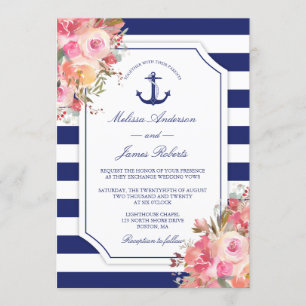Invitación Anclaje Náutico Rosa Floral Estribos azules Boda