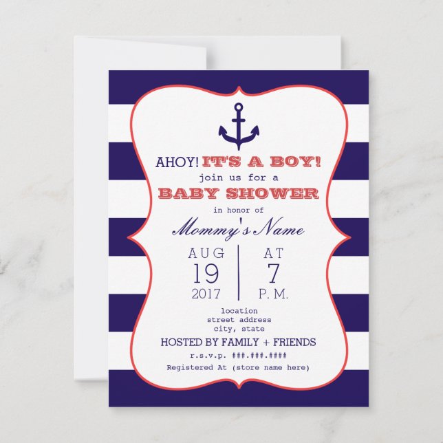 Invitación Anclaje rojo + azul + Stripes Boy Baby Shower (Reverso)