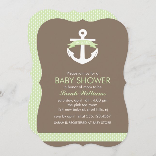 Invitación Anclaje verde Baby Shower neutro (Anverso / Reverso)