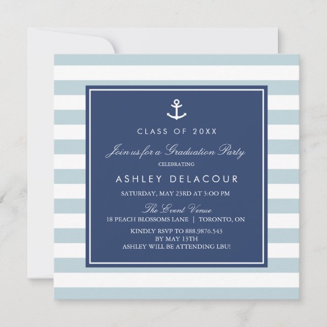 Invitación Anclaje y franjas | Baby Shower azul claro (Anverso)
