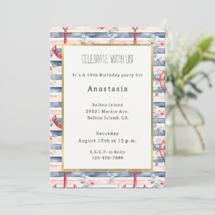 Invitación Anclas Florales Rayas Azul Rojo Playa Cumpleaños