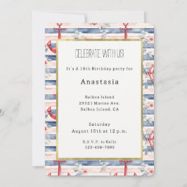 Invitación Anclas Florales Rayas Azul Rojo Playa Cumpleaños