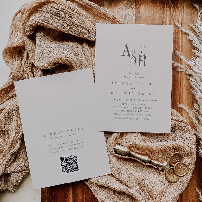 Invitación ANDREA Beige Código QR Clásico Elegante Boda (ANDREA Beige QR Code Classic Elegant Wedding Invitation)