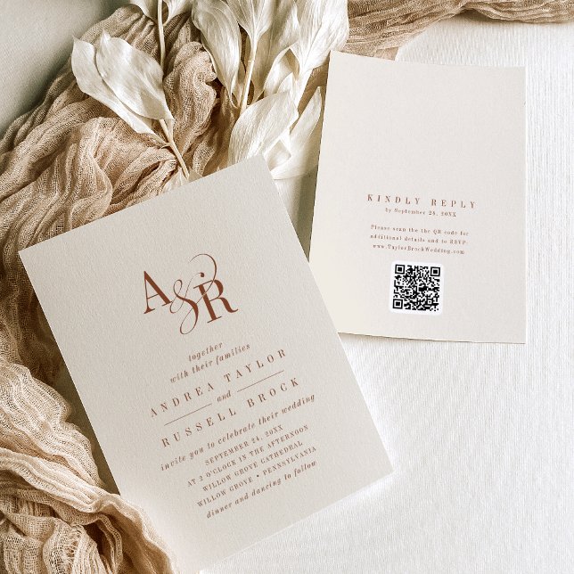 Invitación ANDREA Boho Cream QR Code Classic Elegant Wedding (ANDREA Boho Cream QR Code Classic Elegant Wedding Invitation)