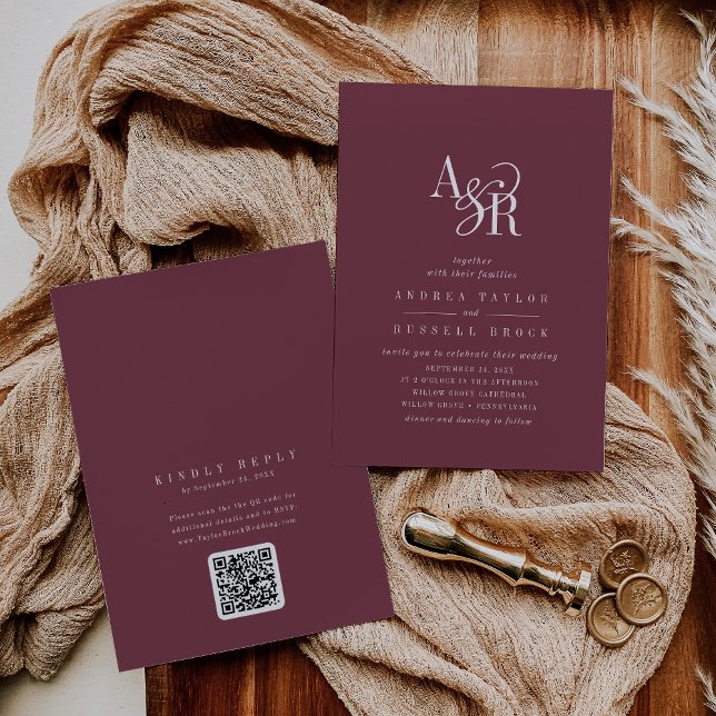 Invitación ANDREA Burgundy QR Code Classic Elegant Wedding (ANDREA Burgundy QR Code Classic Elegant Wedding Invitation)