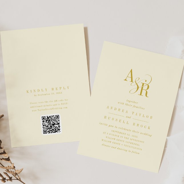Invitación ANDREA Butter Yellow QR Code Elegant Wedding (ANDREA Butter Yellow QR Code Elegant Wedding Invitation)