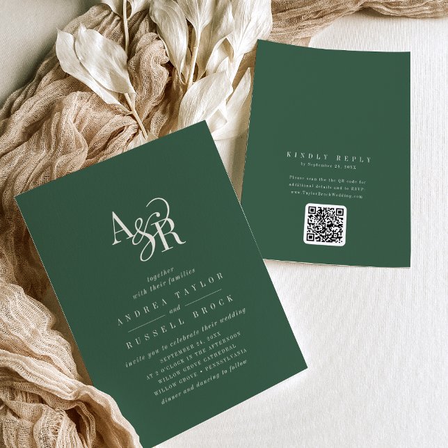Invitación ANDREA Código QR Verde Oscuro Clásico Elegante Bod (ANDREA Dark Green QR Code Classic Elegant Wedding Invitation)