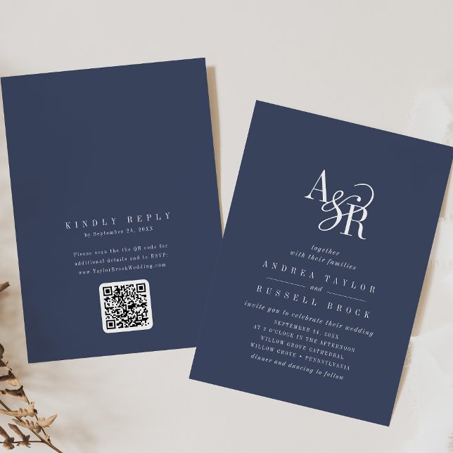 Invitación ANDREA Navy Blue QR Code Classic Elegant Wedding (ANDREA Navy Blue QR Code Classic Elegant Wedding Invitation)