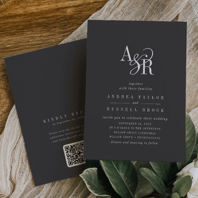 Invitación ANDREA QR Code Gray Dark Academia Iniciales Boda (ANDREA QR Code Gray Dark Academia Initials Wedding Invitation)