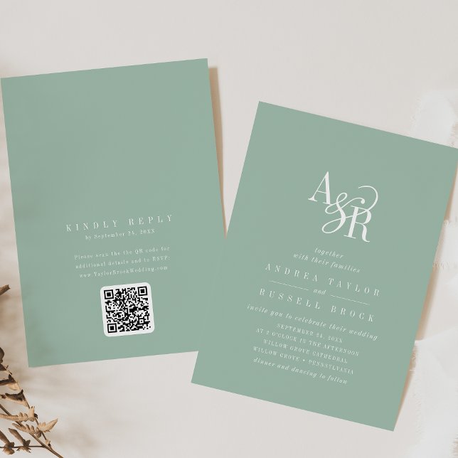 Invitación ANDREA Sage Green QR Code Classic Elegant Wedding (ANDREA Sage Green QR Code Classic Elegant Wedding Invitation)