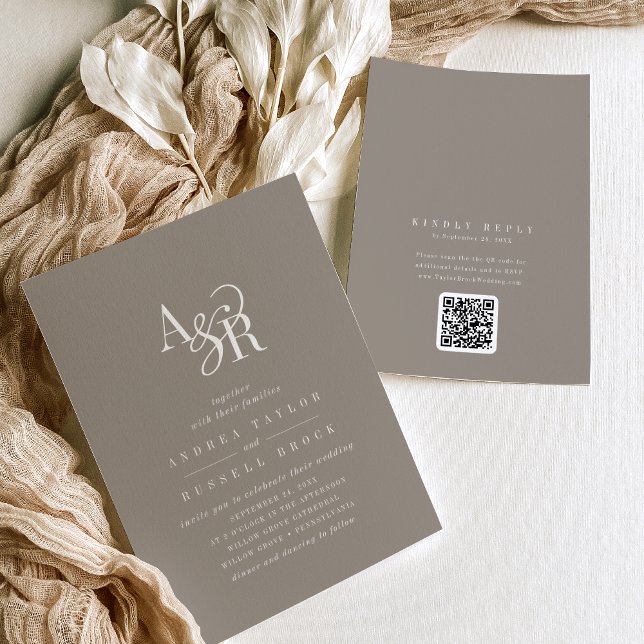 Invitación ANDREA Taupe QR Code Classic Elegant Wedding (ANDREA Taupe QR Code Classic Elegant Wedding Invitation)