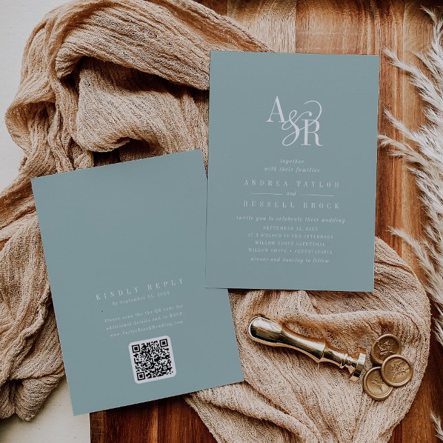 Invitación ANDREA Teal Blue QR Code Classic Elegant Wedding (ANDREA Teal Blue QR Code Classic Elegant Wedding Invitation)