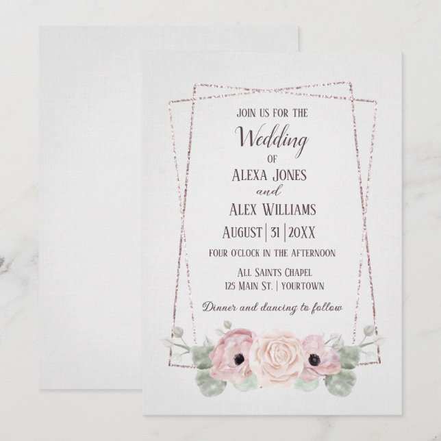 Invitación Anema rosa boda y marco Purpurina (Anverso / Reverso)