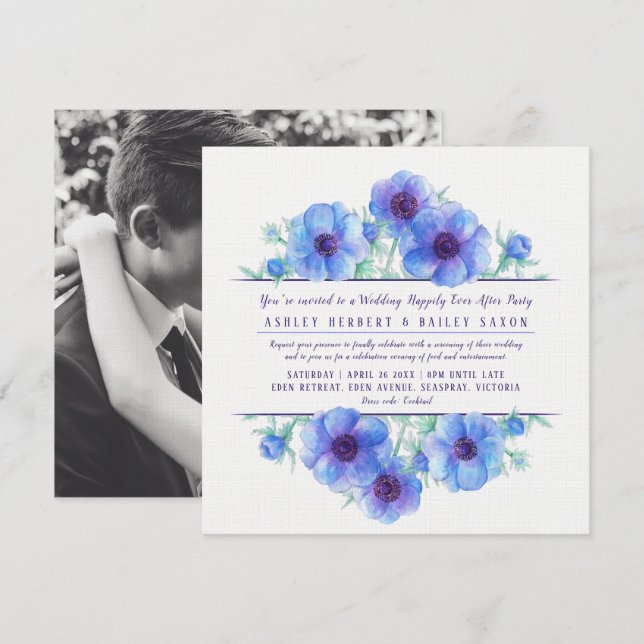 Invitación Anémona azul felizmente después de la fiesta de bo (Anverso / Reverso)