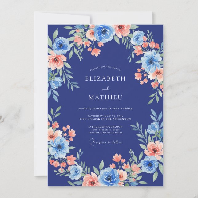 Invitación Anémona Azul Real Boda Romántica (Anverso)