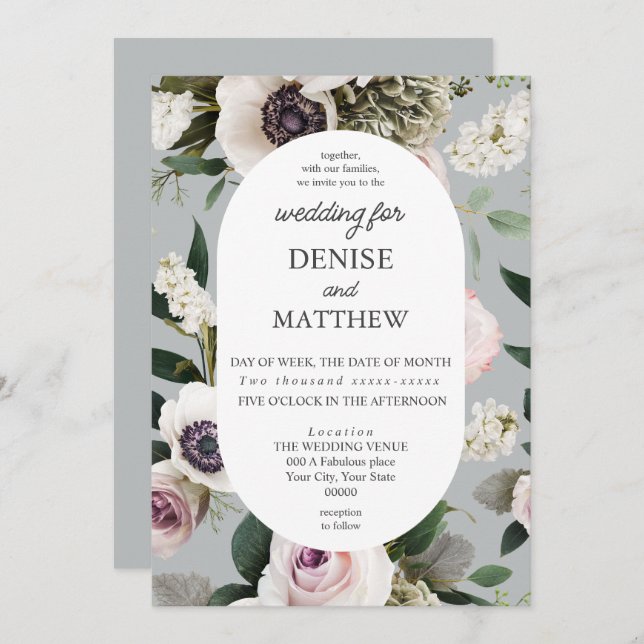 Invitación Anémona blanca en Boda Gris Droplet Norte (Anverso / Reverso)