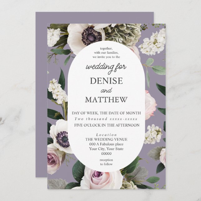 Invitación Anémona blanca en el Boda gris de Lavender (Anverso / Reverso)
