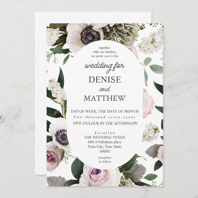 Invitación Anémona blanca sobre Boda blanco brillante (Anverso / Reverso)