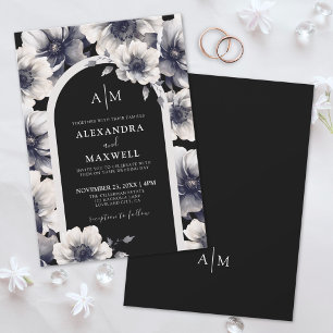 Invitación Anémona Elegante Floral Blanca Negra Boda