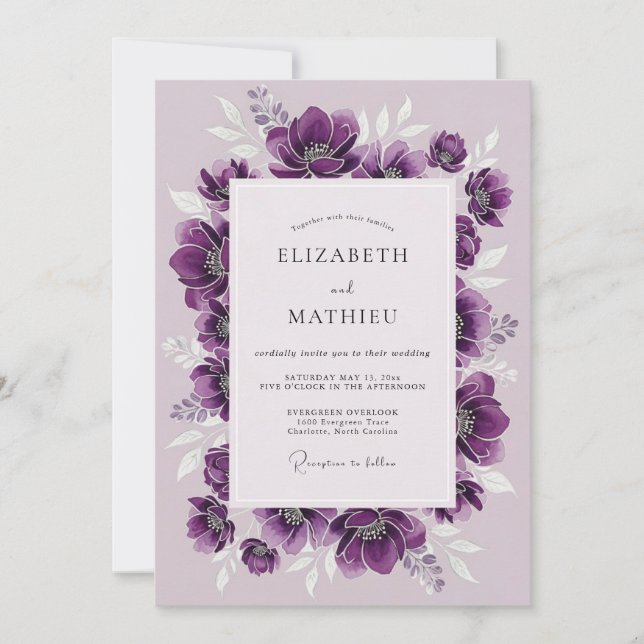 Invitación Anémona Exuberante de Ciruela Boda de Invierno (Anverso)