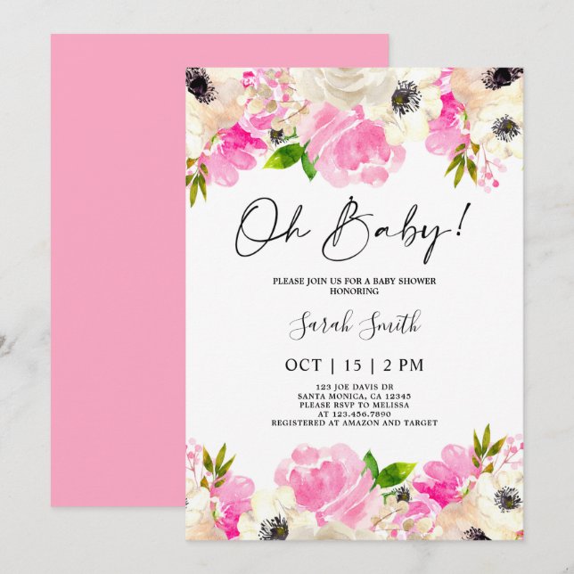 Invitación Anémona floral rosa caliente chica Baby Shower (Anverso / Reverso)