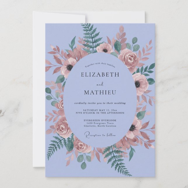 Invitación Anémona Helecho Vintage Boda Periwinkle (Anverso)