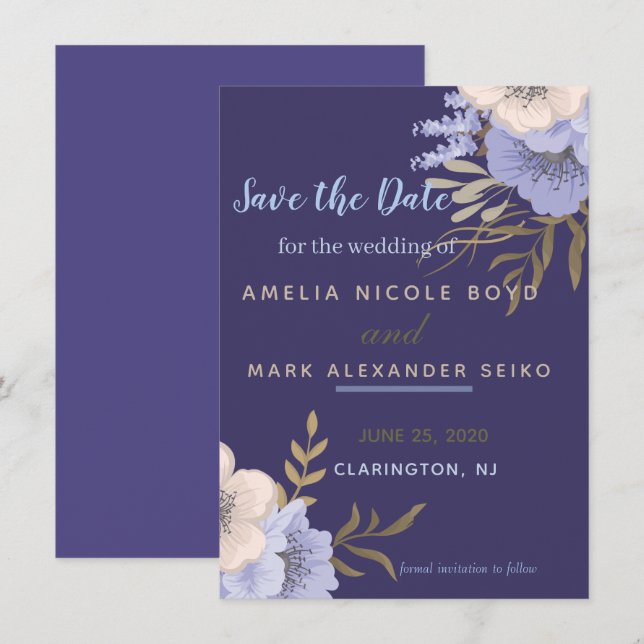 Invitación Anémona Periwinkle con clase guardar la fecha (Anverso / Reverso)