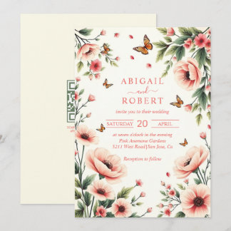 Invitación Anémona rosa, borde floral de mariposas boda 