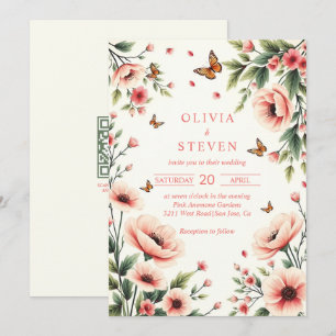 Invitación Anémona rosa, borde floral de mariposas boda