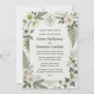 Invitación Anémonas blancas, hellebores, helechos, hiedra, ba