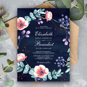 Invitación Anémonas Blancas Purpura Eucalipto Boda Azul Marin