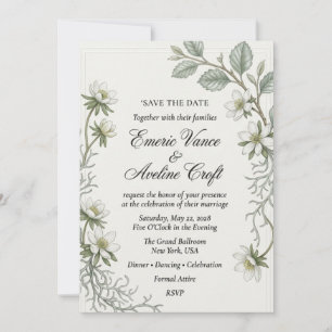 Invitación Anémonas de Madera Blancas, Follaje Verde, Borde d