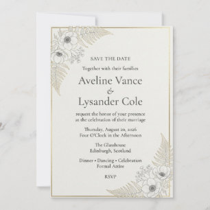 Invitación Anémonas Doradas, Frondas de Helecho, Borde Minima
